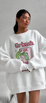 Kadın Oversize Sweatshirt Elbise Grinch Mode Baskılı Beyaz – Bisiklet Yaka, 3 İplik Şardonlu Polar