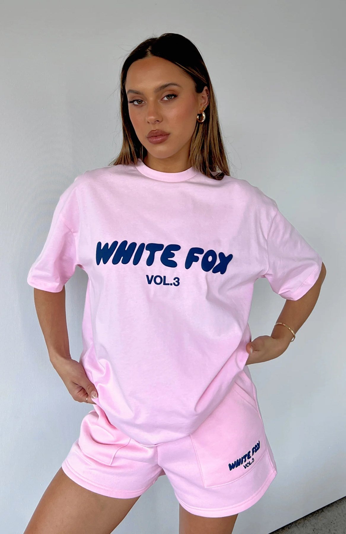 White Fox Kadın Açık Pembe Vol 3 Yazılı Offstage Şort Tişört Alt Üst Takım