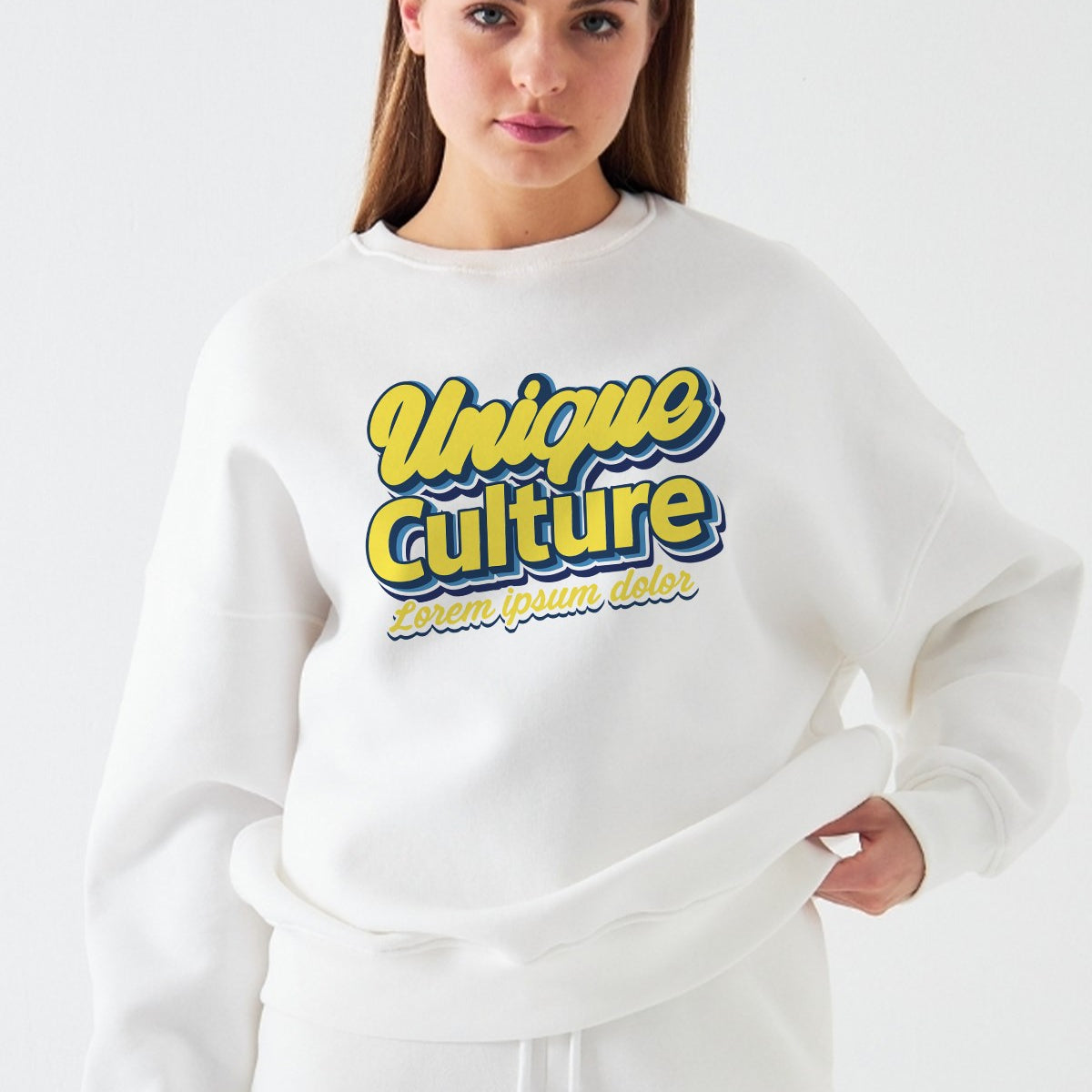 Kadın Oversize Sweatshirt Unique Culture Baskılı Beyaz – Bisiklet Yaka, 3 İplik Şardonlu Polar
