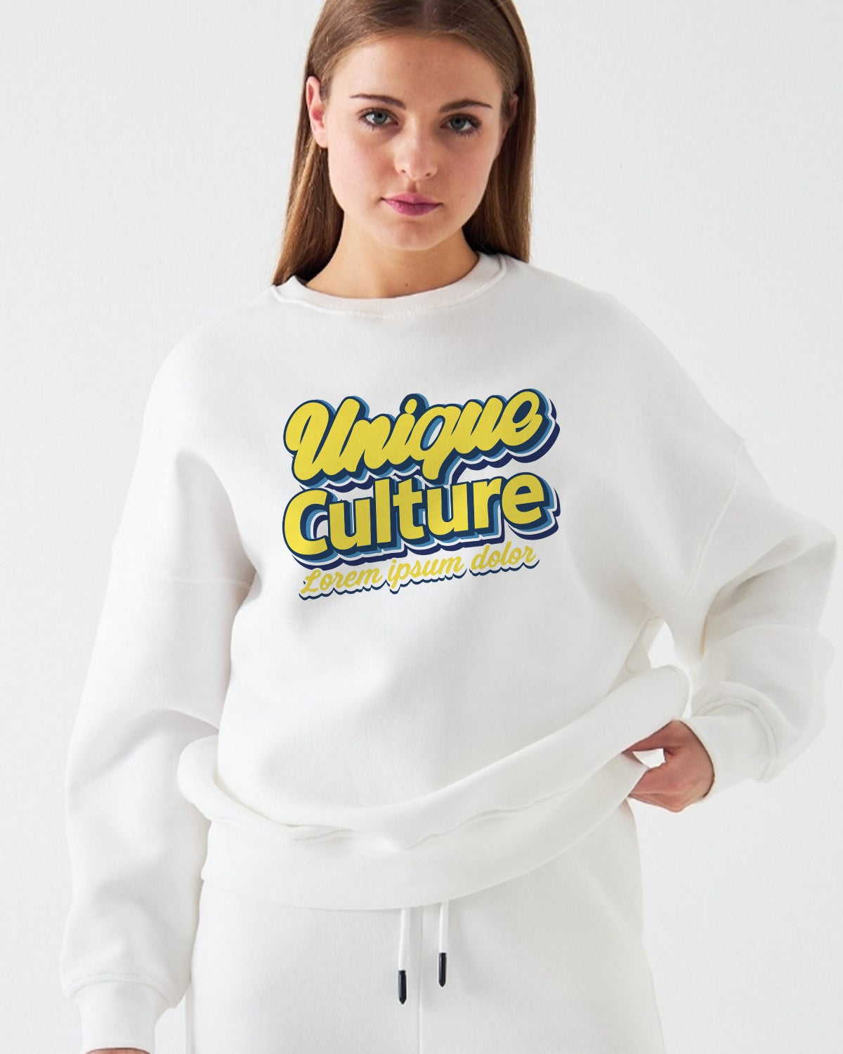 Kadın Oversize Sweatshirt Unique Culture Baskılı Beyaz – Bisiklet Yaka, 3 İplik Şardonlu Polar