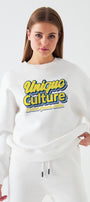 Kadın Oversize Sweatshirt Unique Culture Baskılı Beyaz – Bisiklet Yaka, 3 İplik Şardonlu Polar