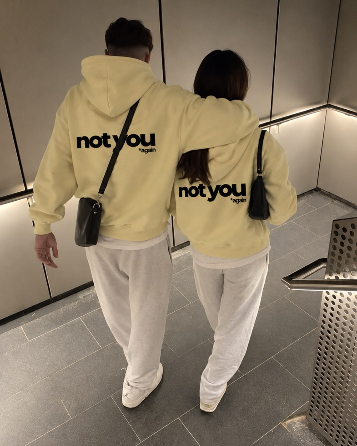 Unisex Oversize Hoodie Not You Again Baskılı Sarı – Kapüşonlu, Kanguru Cepli, 3 İplik Şardonlu 