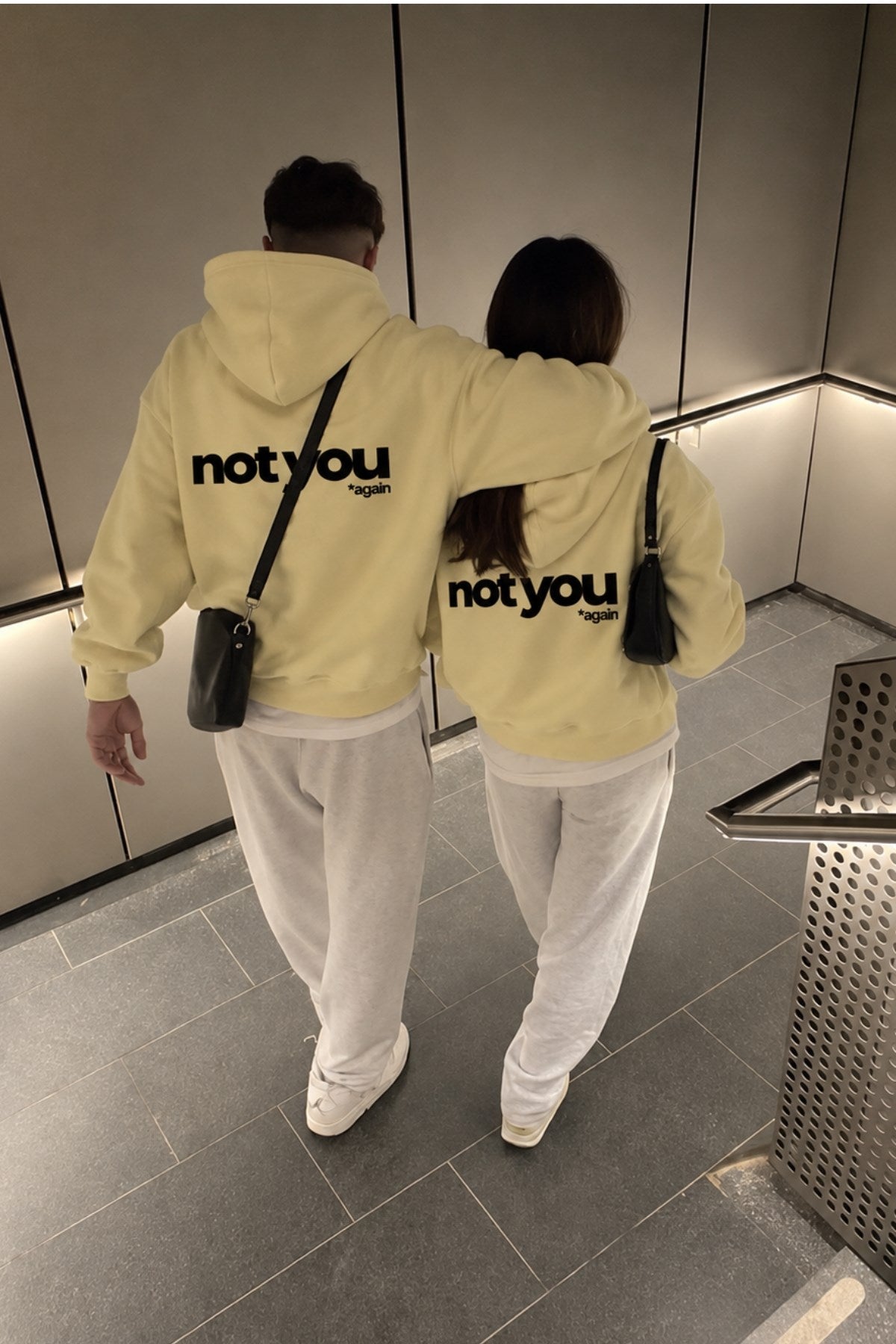 Unisex Oversize Hoodie Not You Again Baskılı Sarı – Kapüşonlu, Kanguru Cepli, 3 İplik Şardonlu 