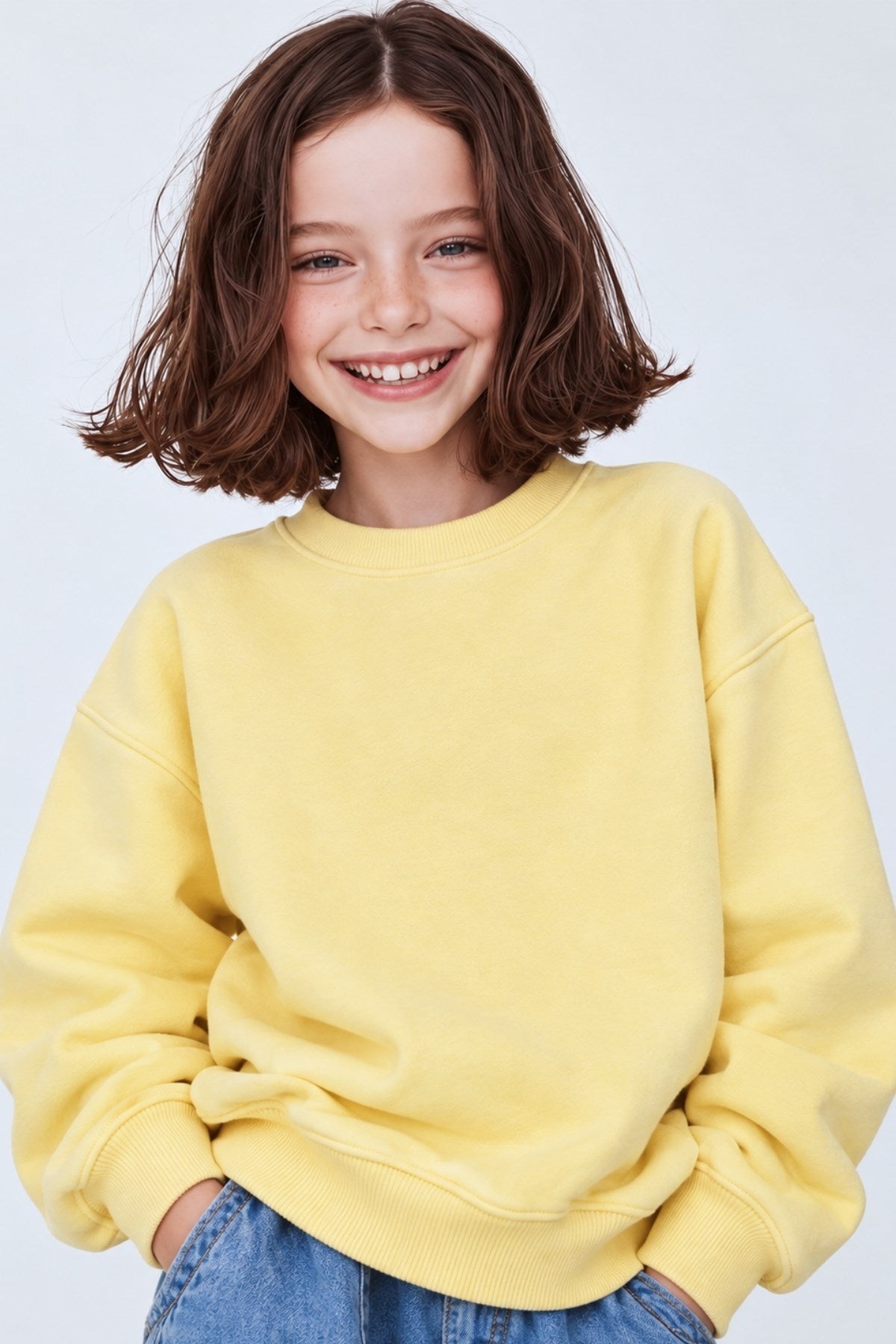 Kız Çocuk Oversize Sweatshirt Basic Sarı – Bisiklet yaka, 3 iplik şardonlu polar