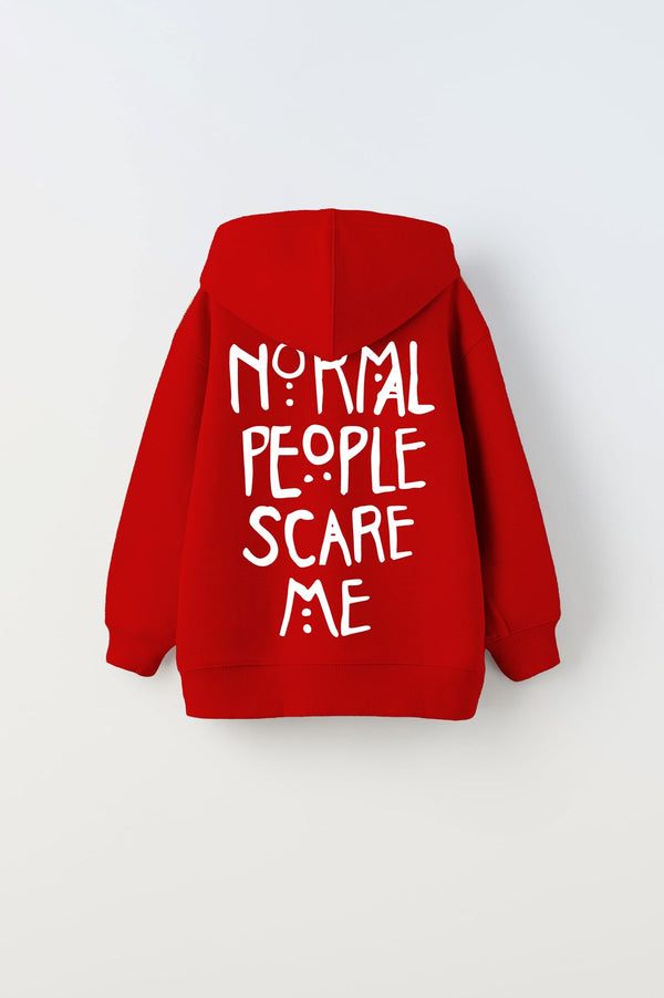 Kapüşonlu İçi Polar Normal People Scare Me Baskılı Kırmızı Unisex Hoodie Çocuk Sweatshirt