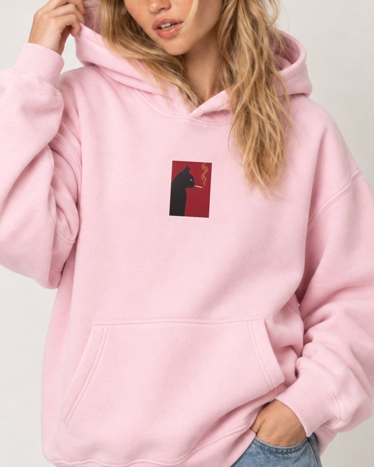 Kadın Oversize Hoodie Noir Cat Baskılı Pembe – Kapüşonlu, Kanguru Cepli, 3 İplik Şardonlu Polar