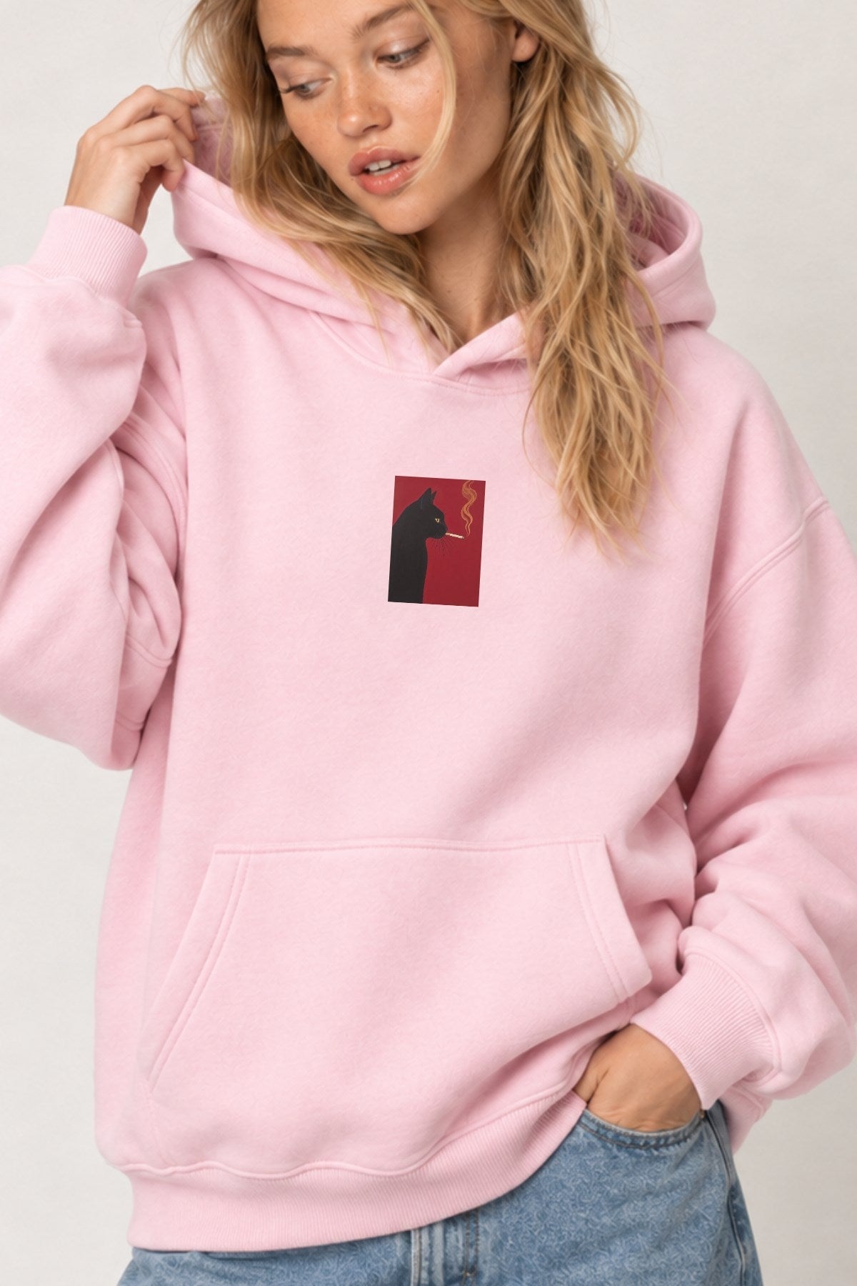Kadın Oversize Hoodie Noir Cat Baskılı Pembe – Kapüşonlu, Kanguru Cepli, 3 İplik Şardonlu Polar