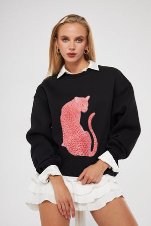 Bisiklet Yaka İçi Polar Leopar Baskılı Siyah Oversize Sweatshirt