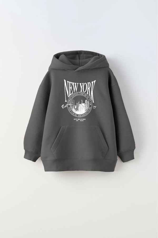 Kapüşonlu İçi Polar New York Yazı Baskılı Füme Unisex Çocuk Hoodie Sweatshirt