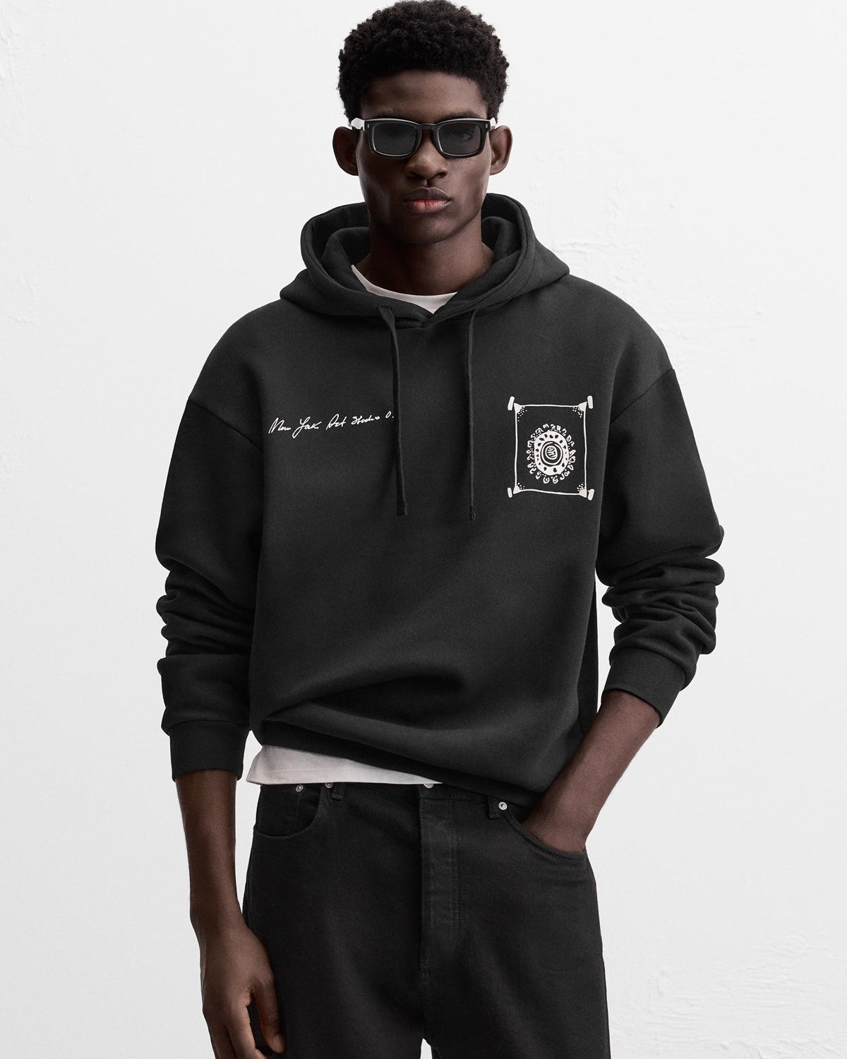 Siyah New Your Art Baskılı Kapüşonlu Oversize Hoodie