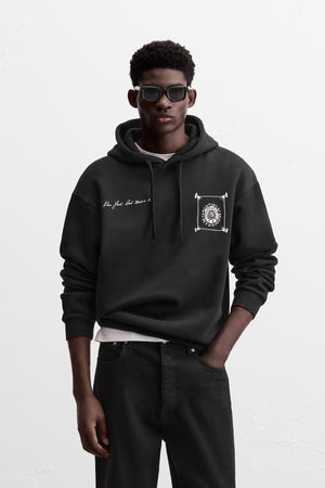 Siyah New Your Art Baskılı Kapüşonlu Oversize Hoodie