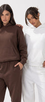 Unisex 2’li Oversize Basic Hoodie Beyaz & Kahverengi – Kapüşonlu, Cepli, 3 İplik Şardonlu Polar