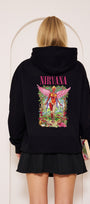 Kapüşonlu İçi Polar Pembe Nirvana Baskılı Siyah Unisex Hoodie Sweatshirt