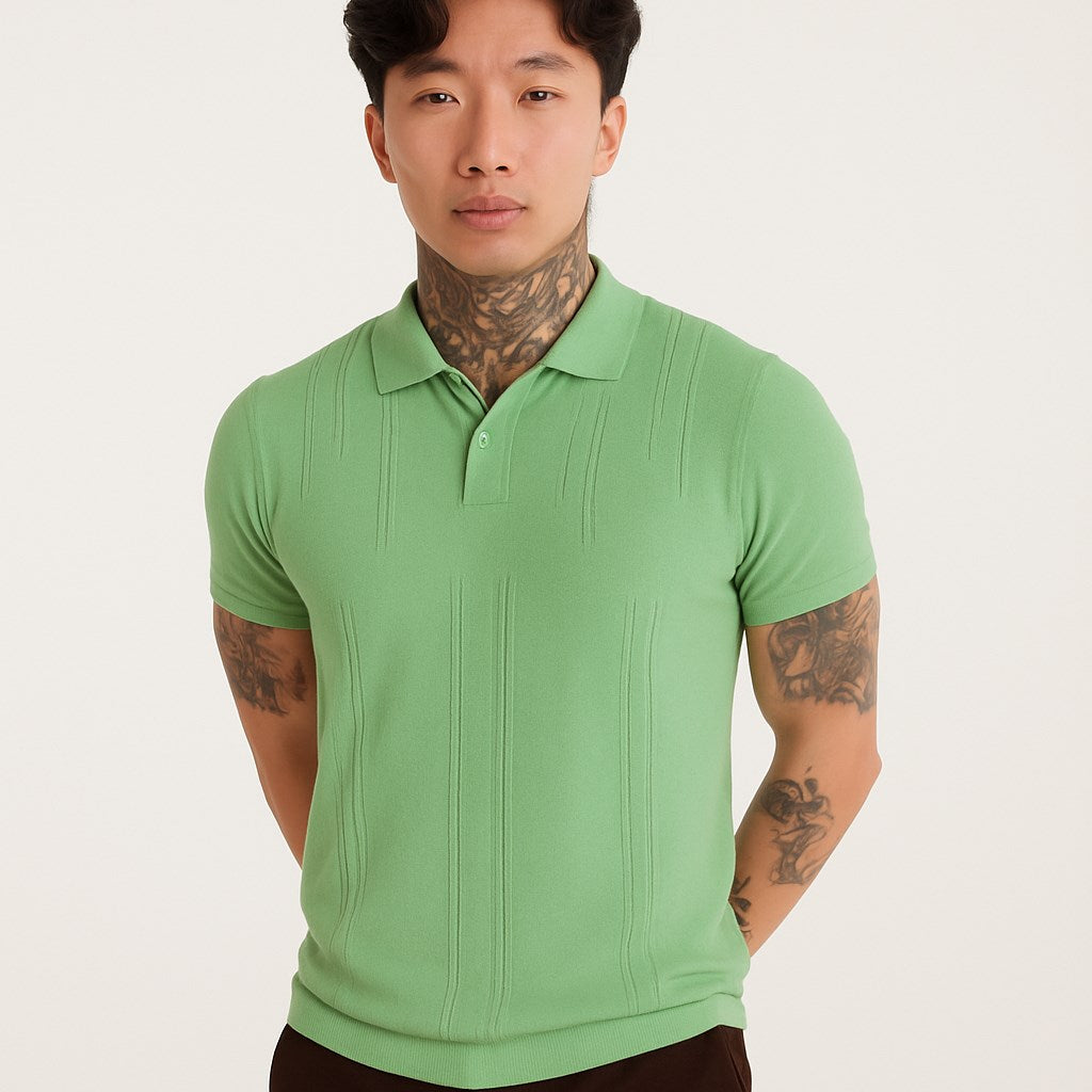 Erkek Yeşil Polo Yaka Triko Tişört – Kısa Kollu, Yazlık Modern Slim Fit Örgü Model