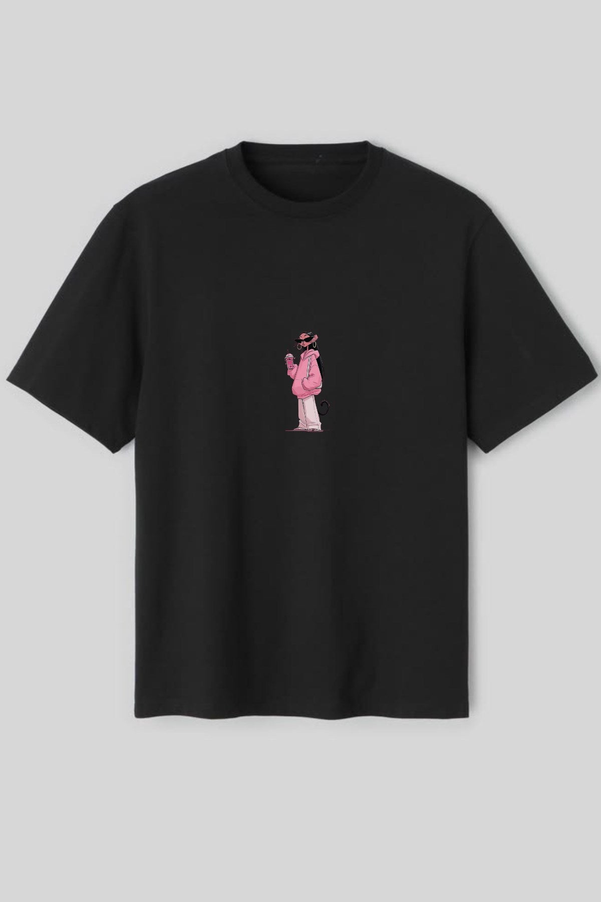 Kadın Oversize Tişört Pink Kitty Club Baskılı Siyah – Bisiklet Yaka, Rahat Kalıp, %100 Pamuk