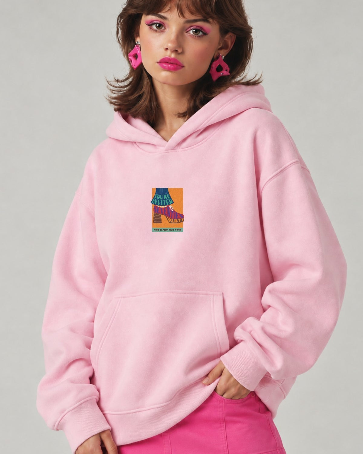 Kadın Oversize Hoodie Seventies Party Baskılı Pembe - Kapüşonlu, Kanguru Cepli, 3 İplik Polar