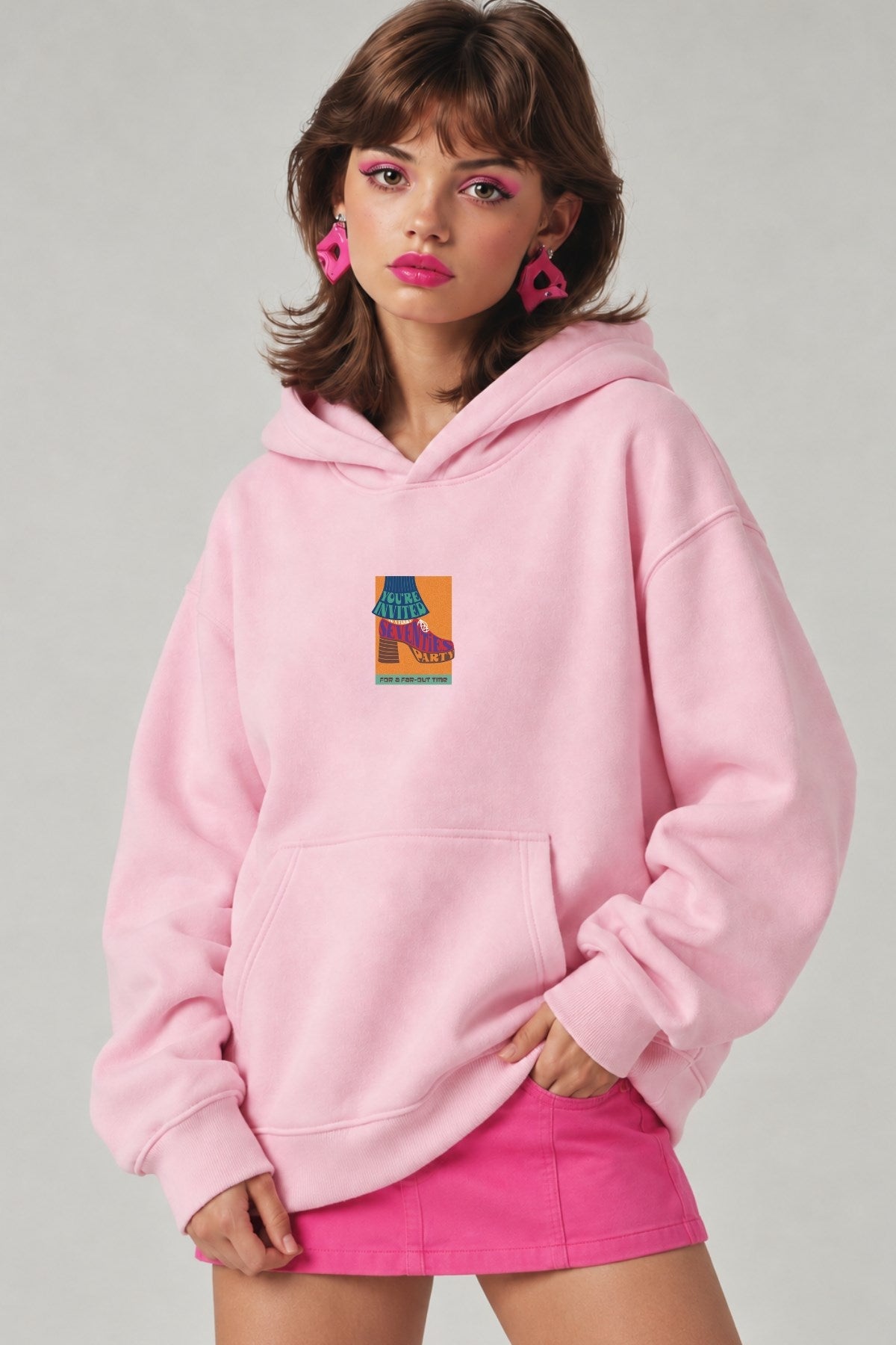 Kadın Oversize Hoodie Seventies Party Baskılı Pembe - Kapüşonlu, Kanguru Cepli, 3 İplik Polar