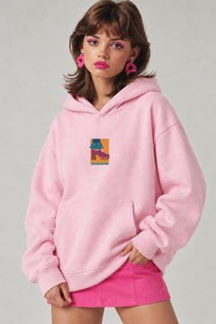 Kadın Oversize Hoodie Seventies Party Baskılı Pembe - Kapüşonlu, Kanguru Cepli, 3 İplik Polar