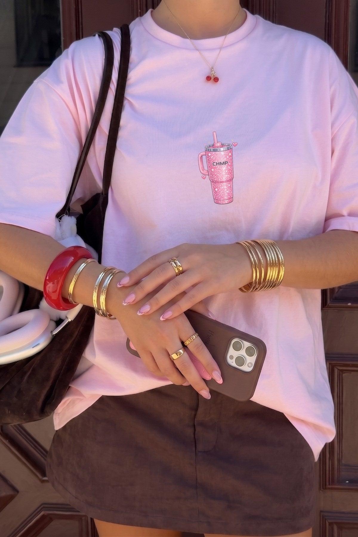 Kadın Oversize Tişört Pink Tumbler Baskılı Pembe – Bisiklet Yaka, Rahat Kalıp, %100 Pamuk