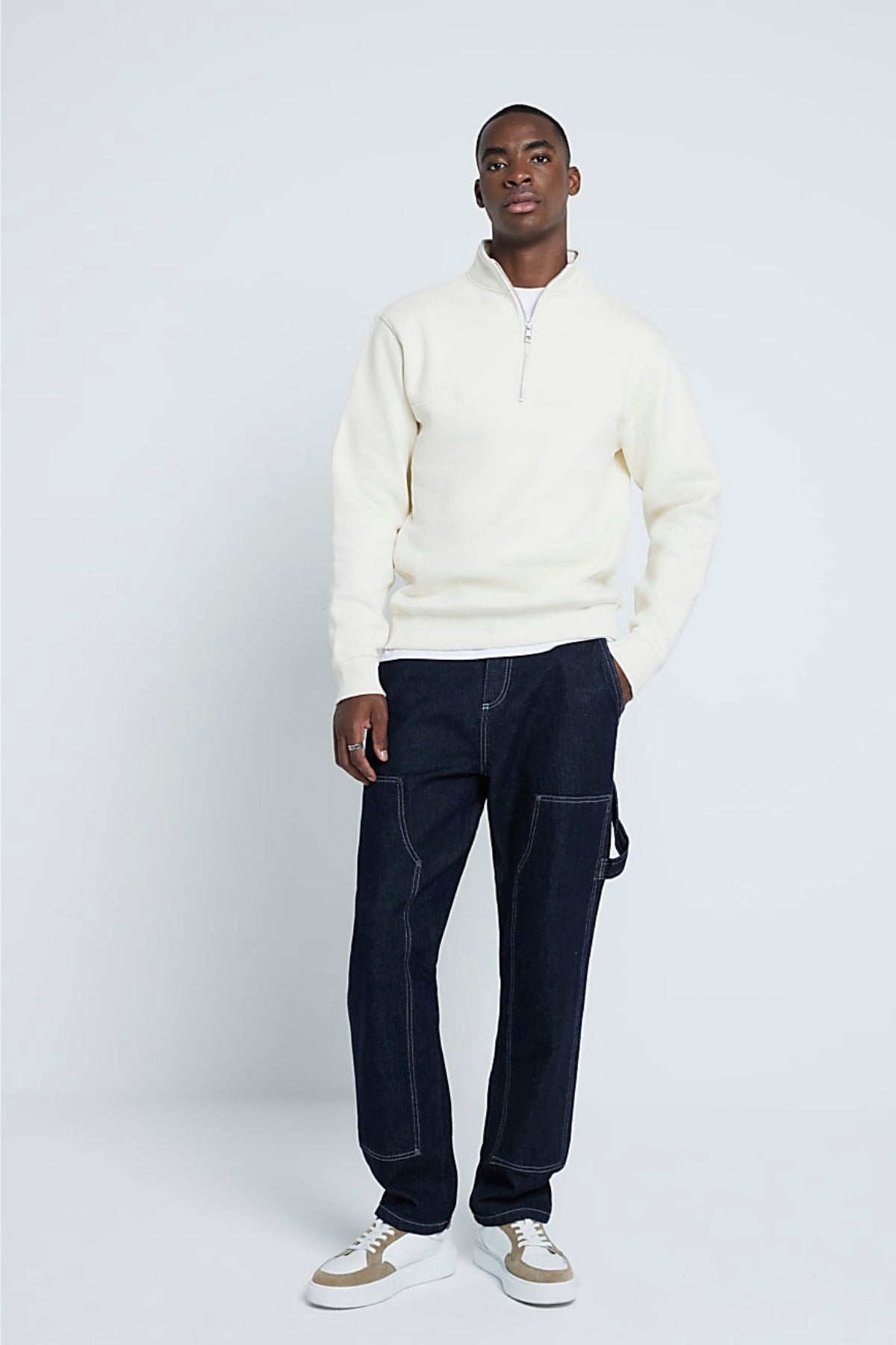 Erkek Ekru Yarım Fermuarlı Sweatshirt 3 İplik Şardonlu Oversize Kesim          ChatGPT’ye sor