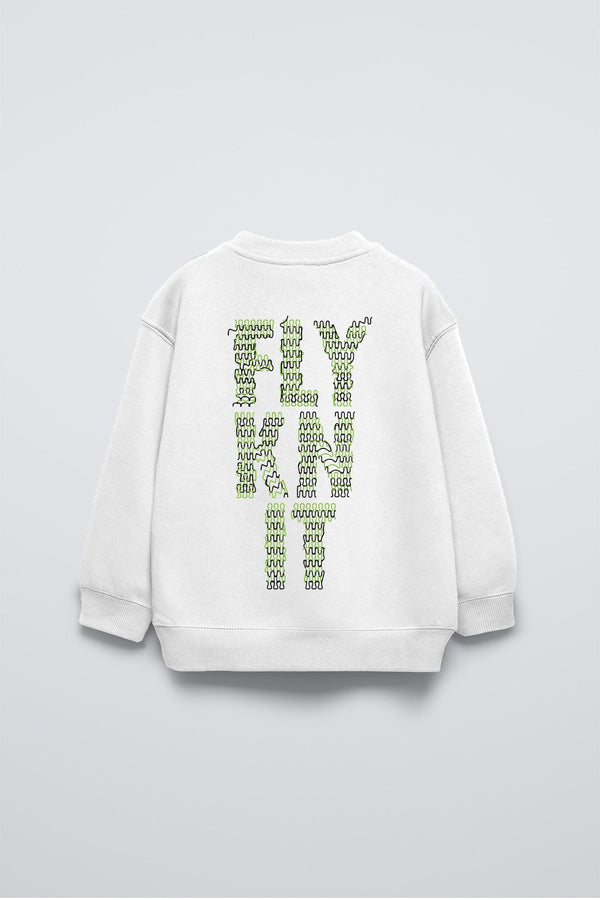 Beyaz Bisiklet Yaka Collective Yazılı Arka Fly Kn It Yazılı Oversize Çocuk Sweatshirt