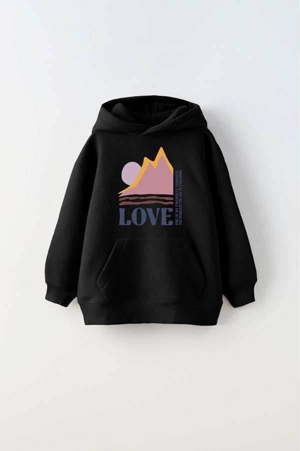 Kapüşonlu İçi Polar Love Yazı Baskılı Siyah Unisex Çocuk Hoodie Sweatshirt