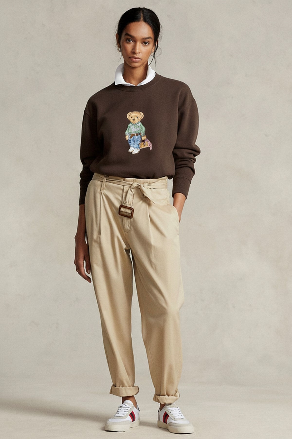 Kadın Oversize Sweatshirt Weekend Bear Baskılı Kahverengi – Bisiklet Yaka, 3 İplik Şardonlu