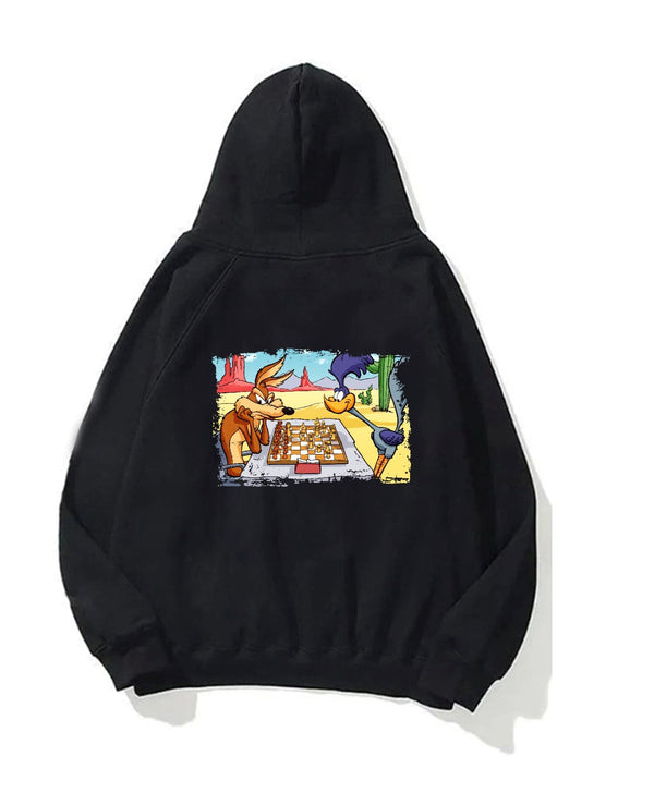 Kapüşonlu İçi Polar Satranç Cartoon Baskılı Siyah Unisex Oversize Hoodie Sweatshirt