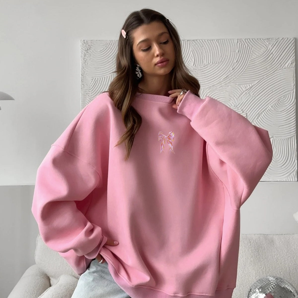 Kadın Oversize Sweat Elbise Pembe Kurdele Baskılı Pembe – Bisiklet Yaka, 3 İplik Şardonlu Polar