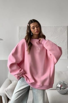 Kadın Oversize Sweat Elbise Pembe Kurdele Baskılı Pembe – Bisiklet Yaka, 3 İplik Şardonlu Polar