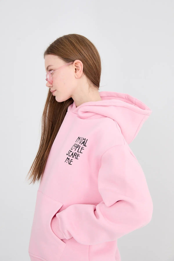 Kapüşonlu İçi Polar Normal People Scare Me Baskılı Pembe Unisex Hoodie Sweatshirt