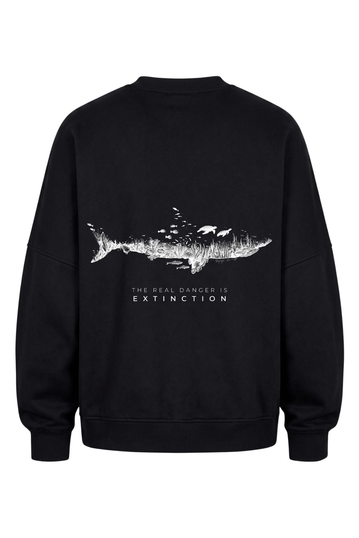 Erkek Oversize Sweatshirt Extinction Baskılı Siyah – Bisiklet Yaka, 3 İplik Şardonlu Polar