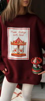 Kadın Oversize Sweatshirt Elbise Carousel Love Baskılı Bordo – Bisiklet Yaka, 3 İplik Şardonlu Polar