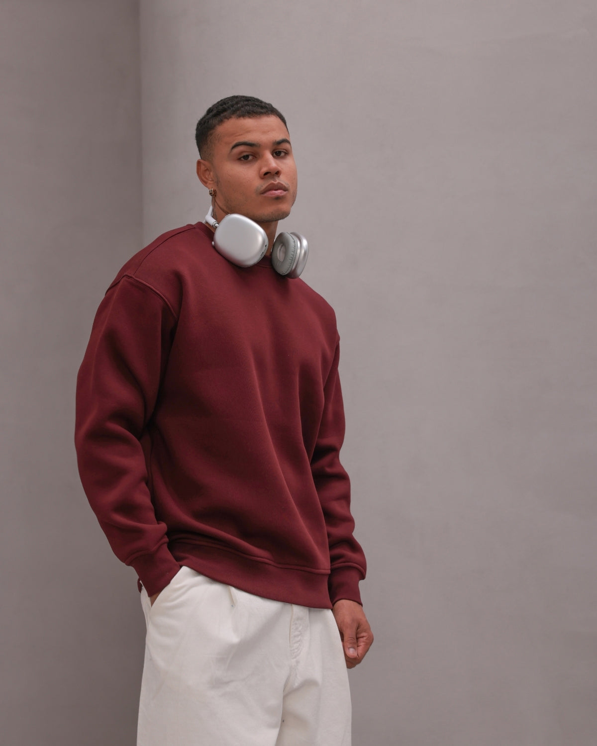 Erkek Oversize Sweatshirt Basic Bordo – Bisiklet Yaka, 3 İplik Şardonlu Polar