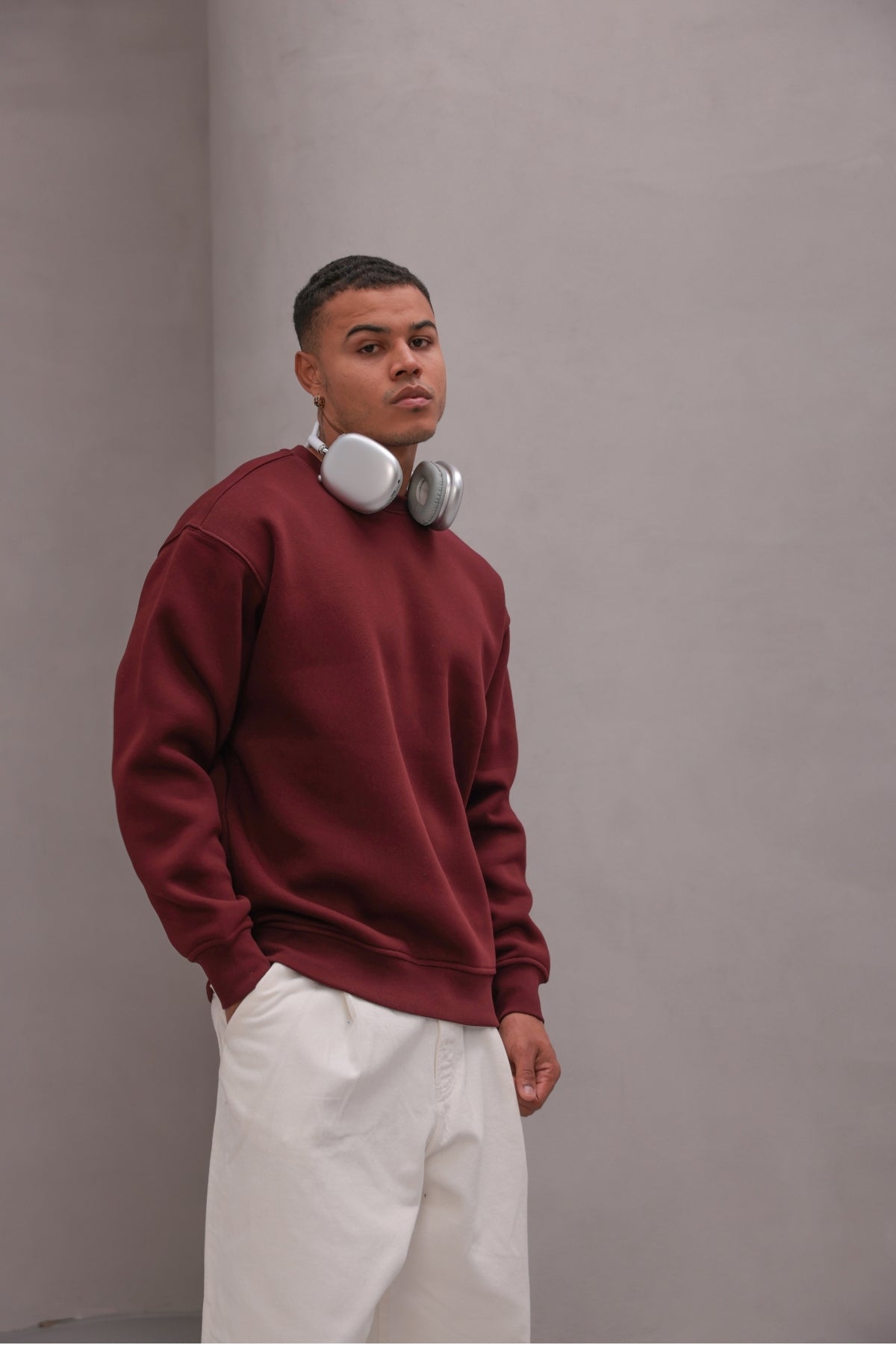 Erkek Oversize Sweatshirt Basic Bordo – Bisiklet Yaka, 3 İplik Şardonlu Polar