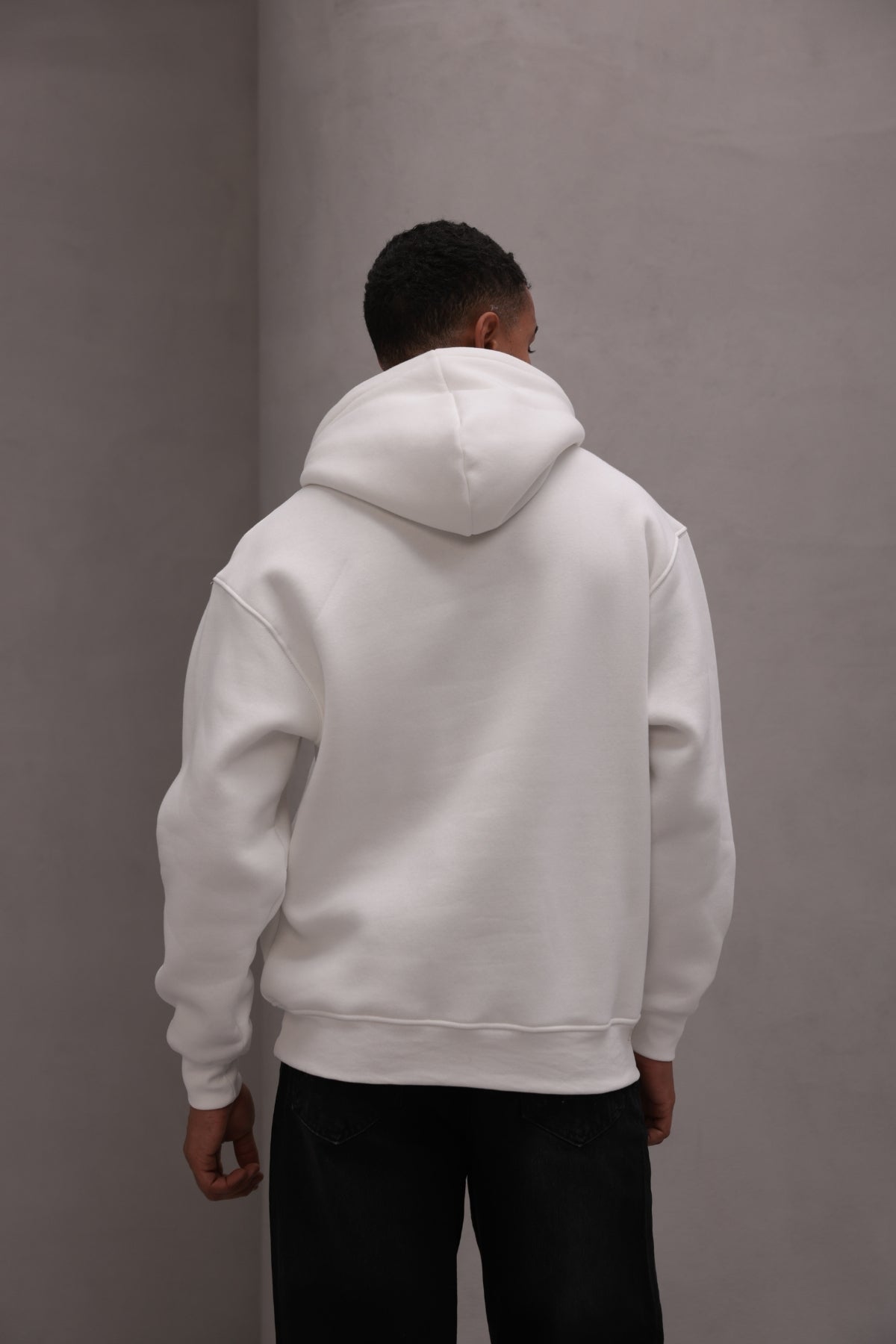 Erkek Oversize Sweatshirt Hoodie Basic Beyaz – Kapüşonlu, 3 İplik Polar, Kanguru Cepli