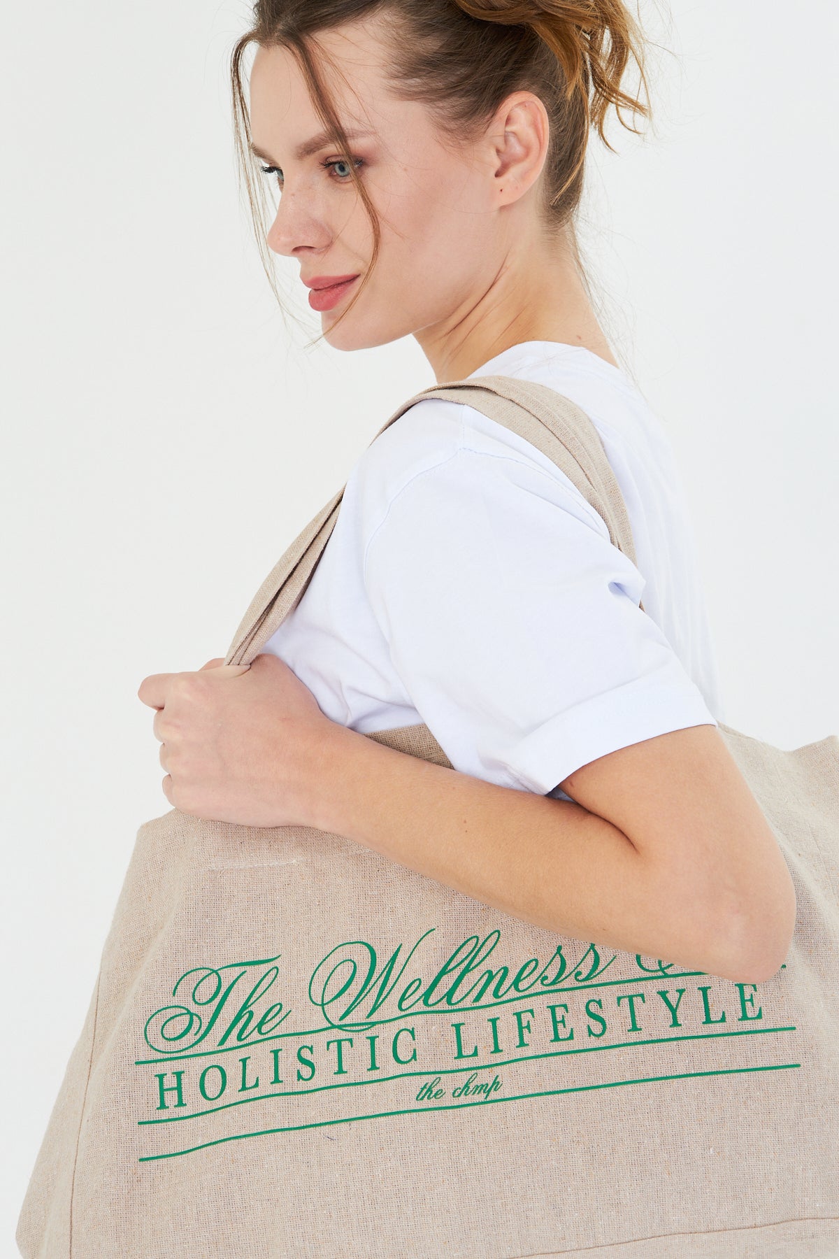 The Wellness Era Kadın Beyaz %100 Pamuk Tişört Yeşil Yazılı Bez Çanta Seti