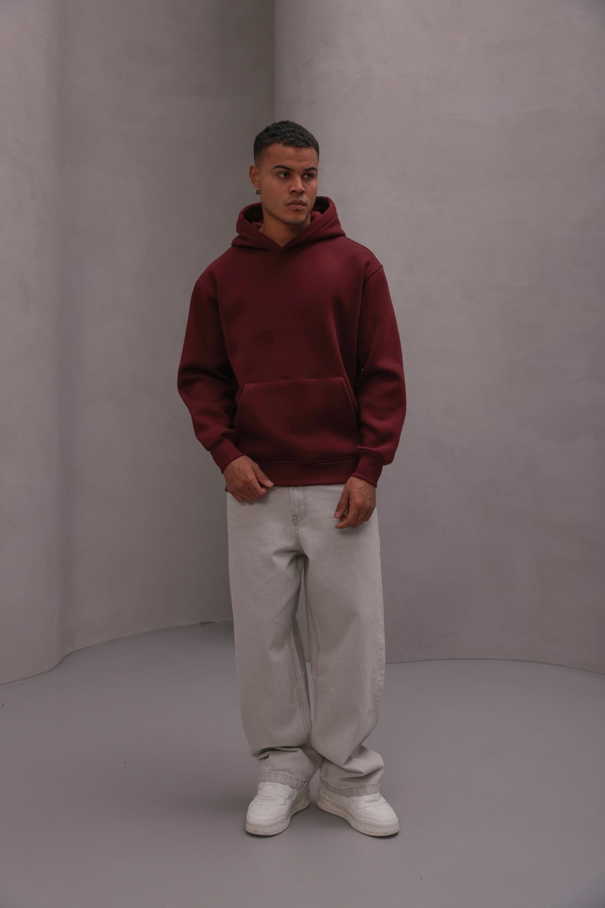 Erkek Oversize Sweatshirt Hoodie Basic Bordo – Kapüşonlu, 3 İplik Polar, Kanguru Cepli