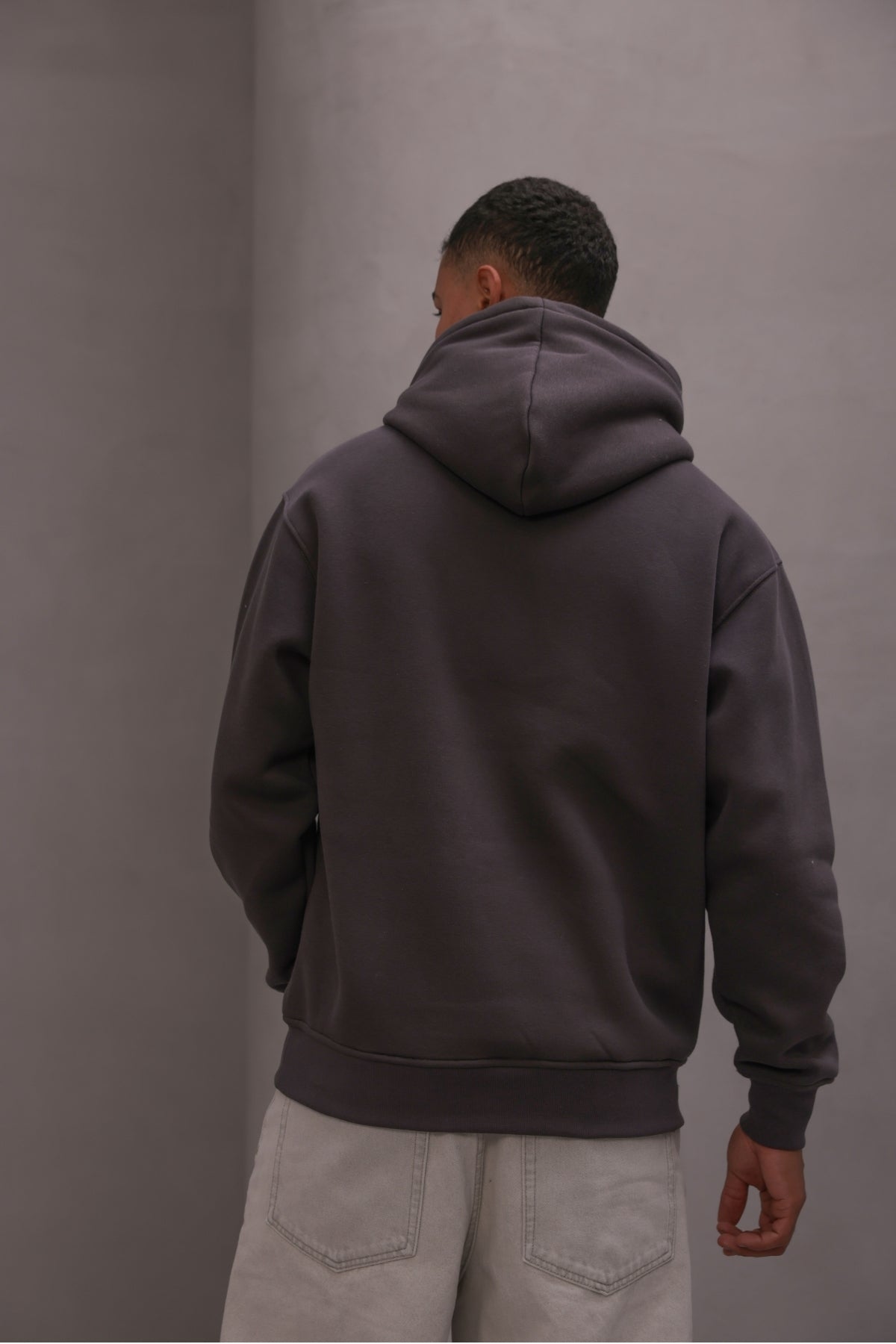 Erkek Oversize Sweatshirt Hoodie Basic Füme – Kapüşonlu, 3 İplik Polar, Kanguru Cepli