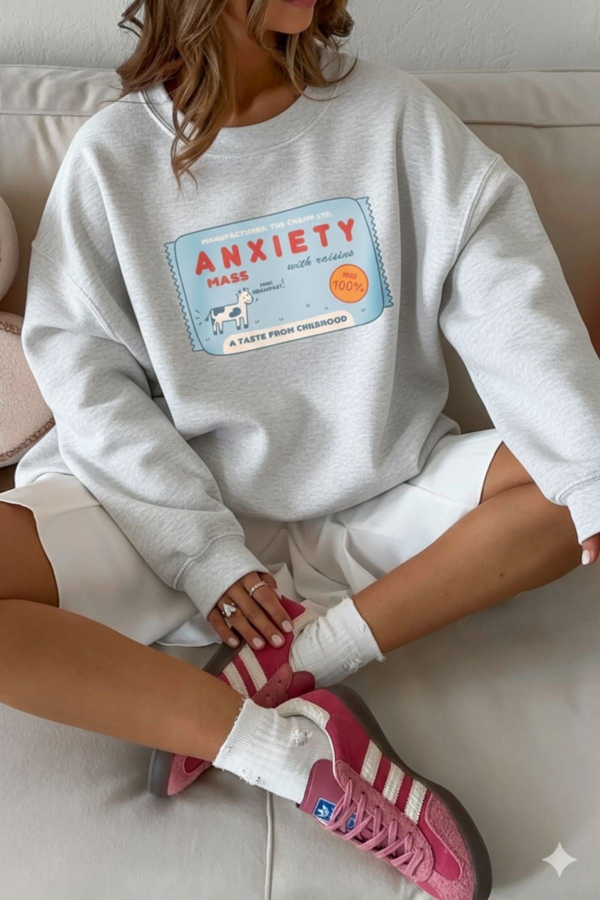 Kadın Oversize Sweatshirt Elbise Anxiety Bar Baskılı Gri Melanj– Bisiklet Yaka, 3 İplik Polar