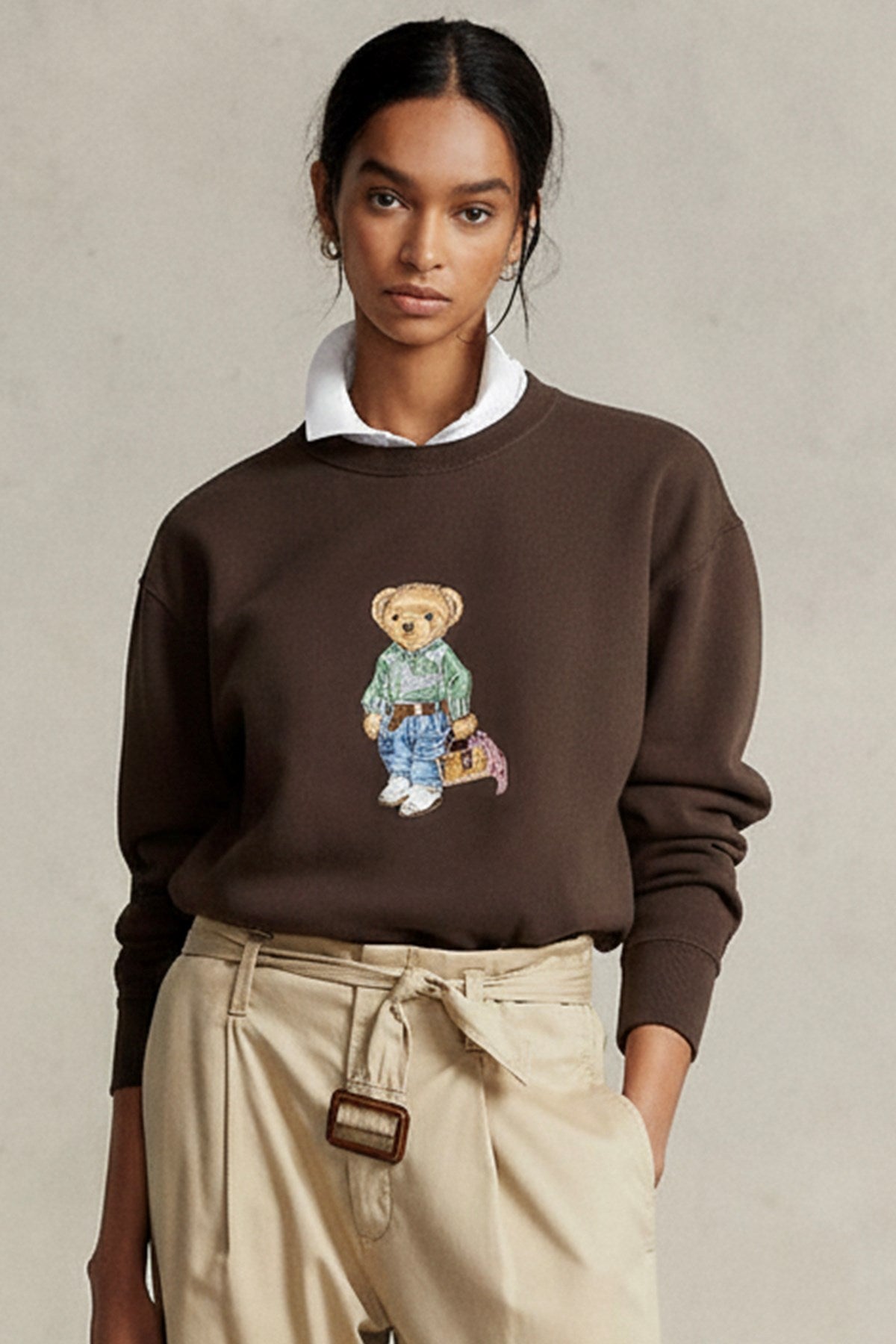 Kadın Oversize Sweatshirt Weekend Bear Baskılı Kahverengi – Bisiklet Yaka, 3 İplik Şardonlu