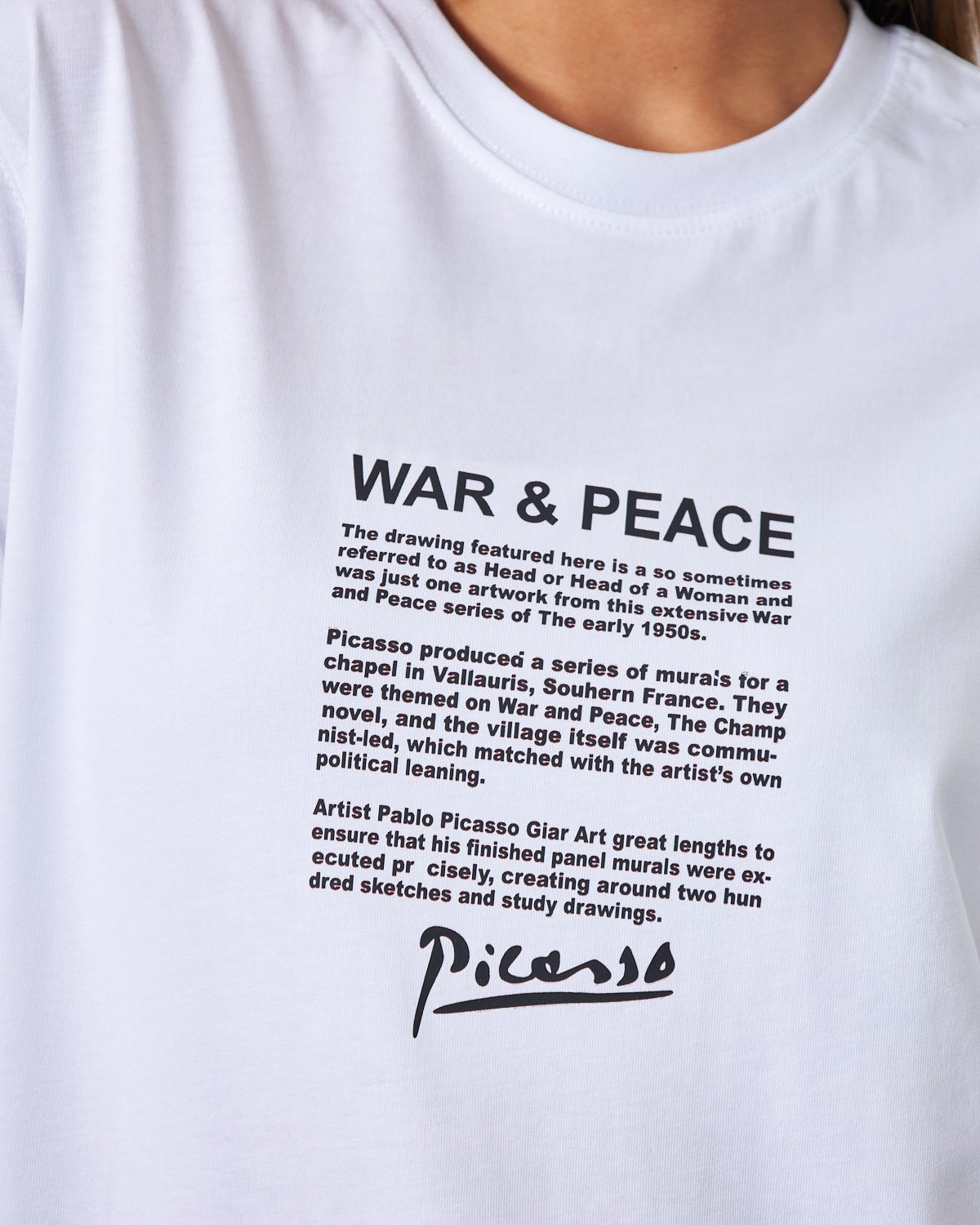 War Peace Pablo Picasso Yazılı Tasarım Baskılı Beyaz Kadın T-Shirt 