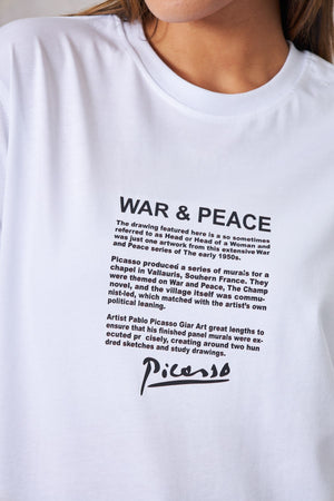 War Peace Pablo Picasso Yazılı Tasarım Baskılı Beyaz Kadın T-Shirt 