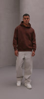 Erkek Oversize Sweatshirt Hoodie CHMP Yazlı Baskılı Kahverengi – Kapüşonlu, 3 İplik , Kanguru Cepli