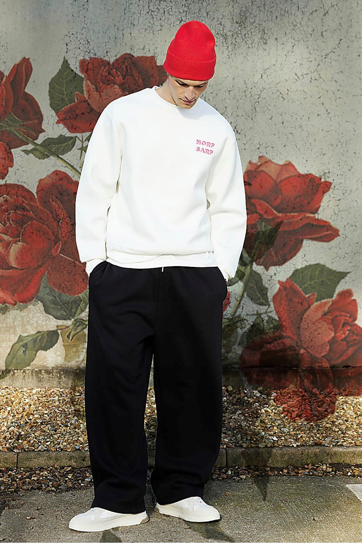 Unisex Oversize Sweatshirt Norf Sarf Harita Baskılı Beyaz – Bisiklet Yaka, 3 İplik Şardonlu Polar