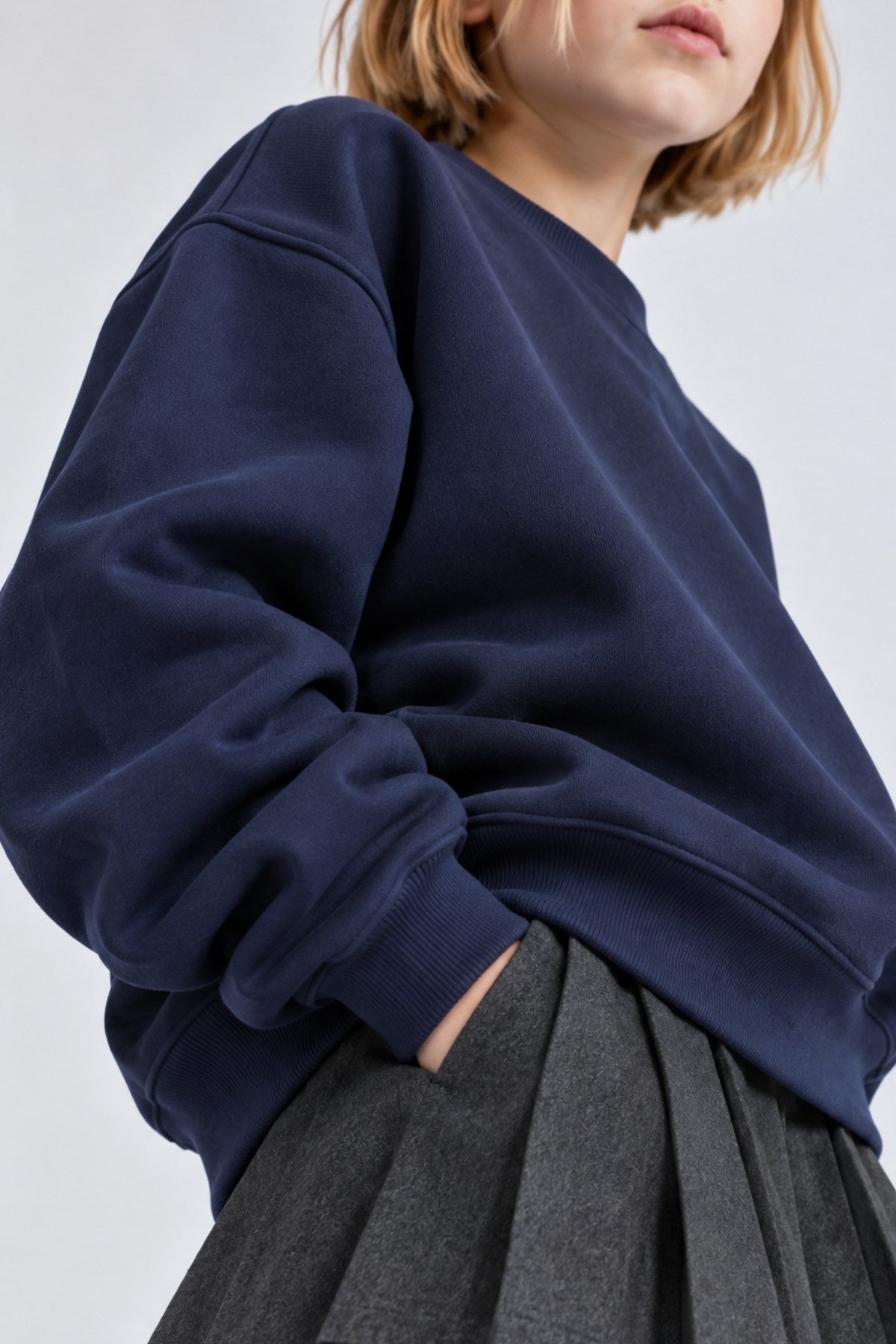 Kız Çocuk Oversize Sweatshirt Basic Lacivert – Bisiklet yaka, 3 iplik şardonlu polar