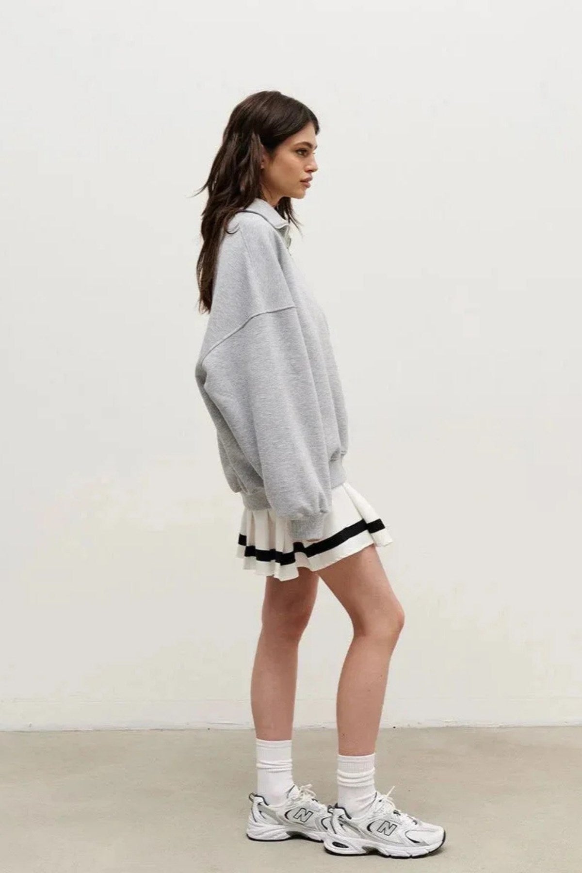 Kadın Gri Yarım Fermuarlı Ceket Sweatshirt 3 İplik Şardonlu Oversize Kesim