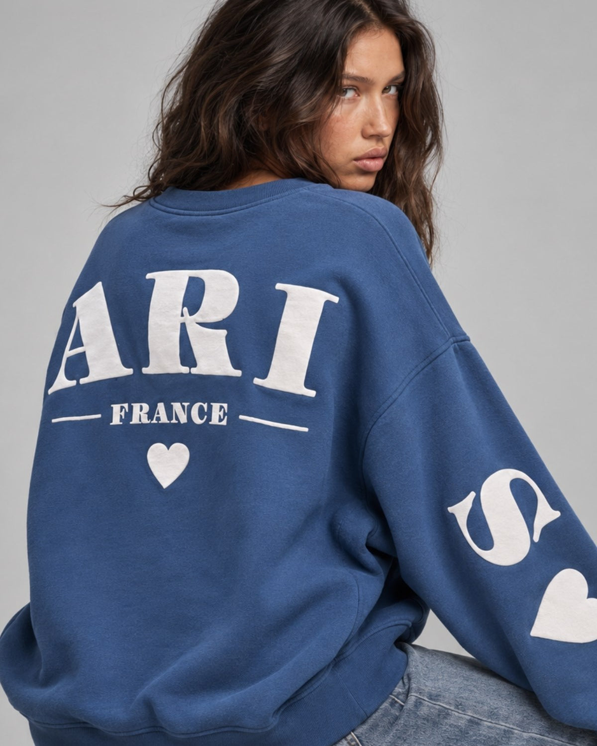 Kadın Oversize Sweatshirt Paris 3D Baskılı Marine – Bisiklet Yaka, Kol ve Sırt Baskılı, 3 İplik
