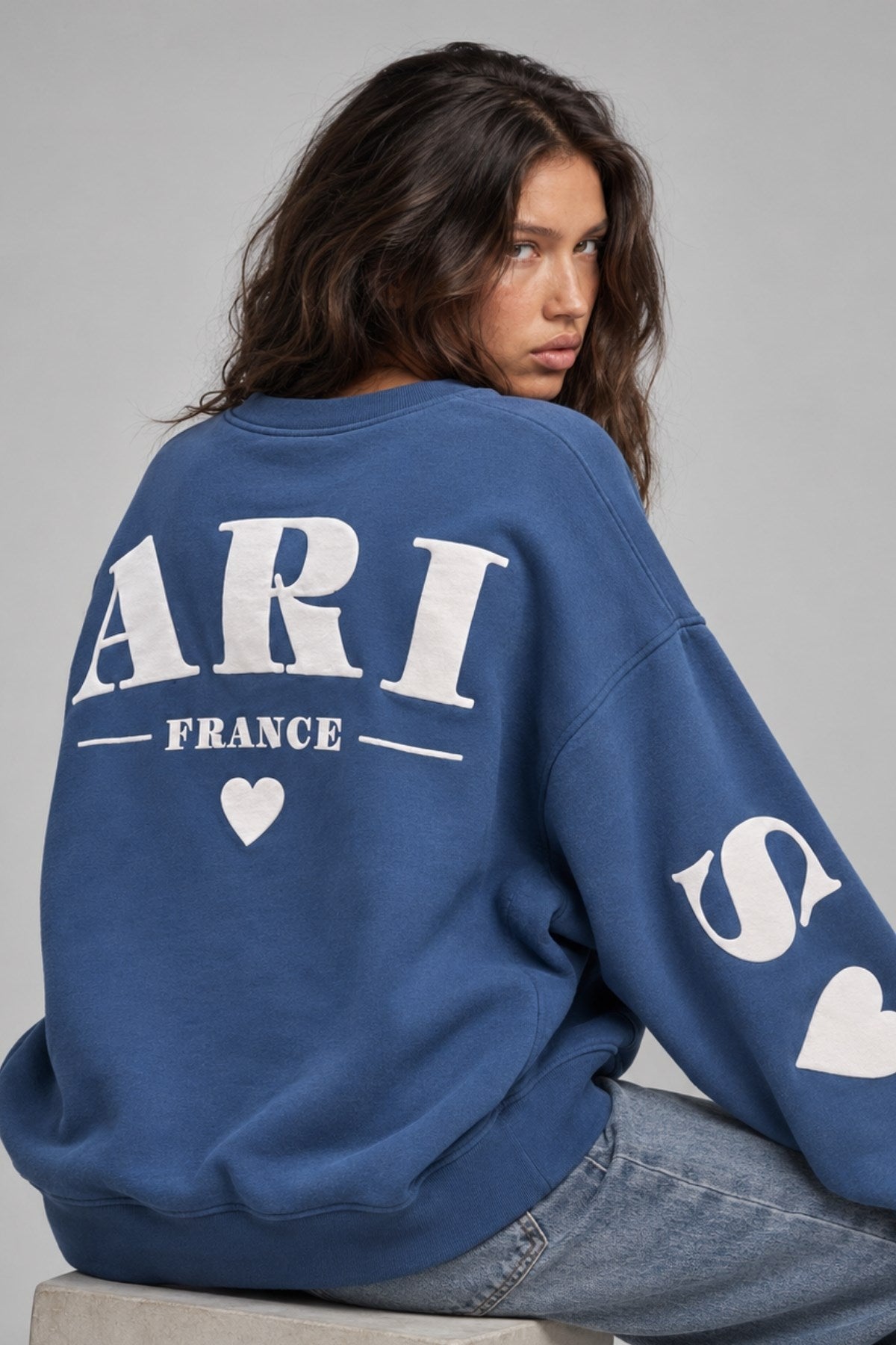 Kadın Oversize Sweatshirt Paris 3D Baskılı Marine – Bisiklet Yaka, Kol ve Sırt Baskılı, 3 İplik