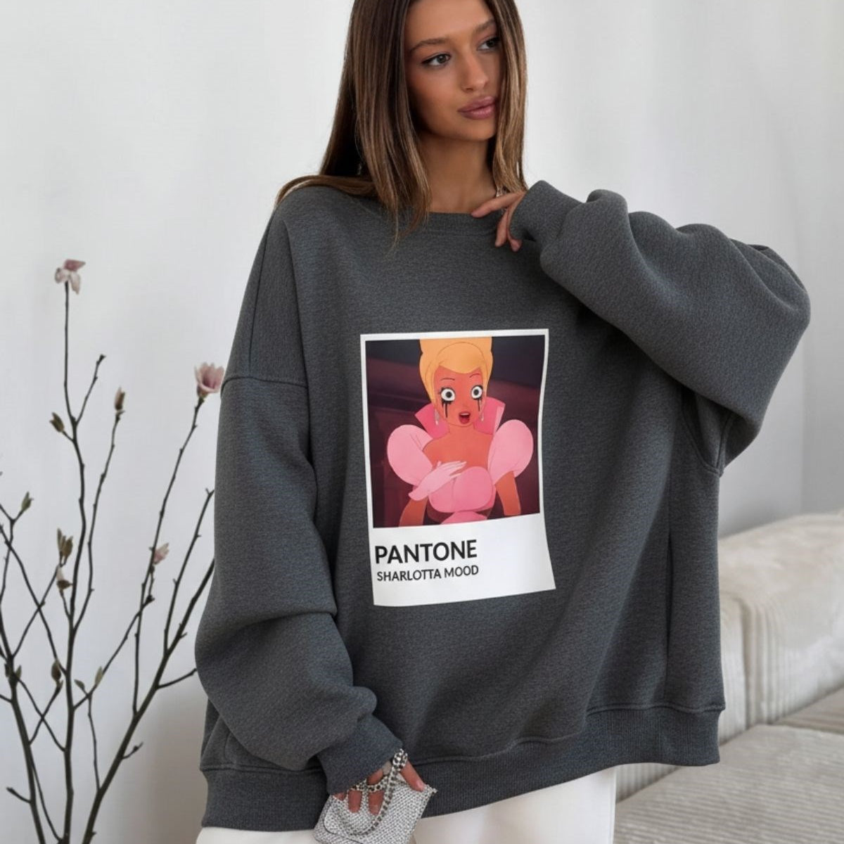 Kadın Oversize Sweat Elbise Füme Melanj - 3 İplik Şardonlu, Bisiklet Yaka, Pantone - prenses baskılı